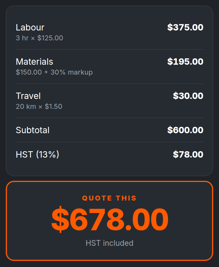 Prycer quote calculator showing an itemized quote with HST and the total
